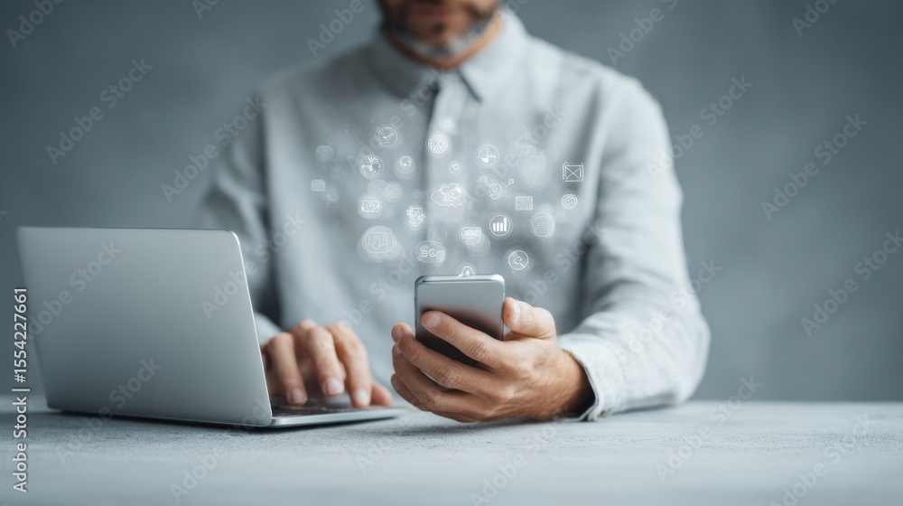 Aufkleber Businessman Using Smartphone and Laptop with Floating SEO Icons and Analytics Graphics for Digital Marketing and Online Search Optimization