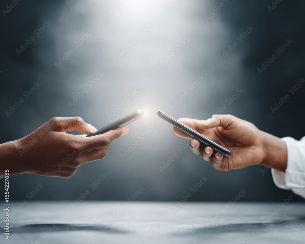 Poster modern digital payment transfer with two smartphones in hands showing tap to phone technology for se