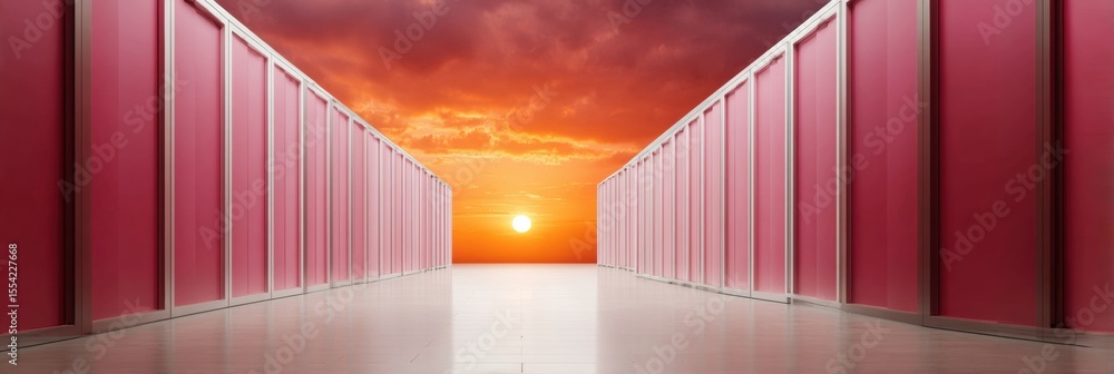 Poster modern data center interior with industrial server racks and raised flooring at sunset, showcasing r