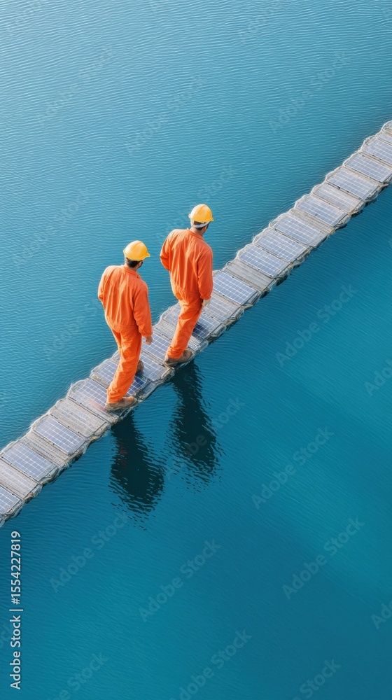Poster renewable energy engineers inspecting floating solar panel platform on calm water for sustainable in