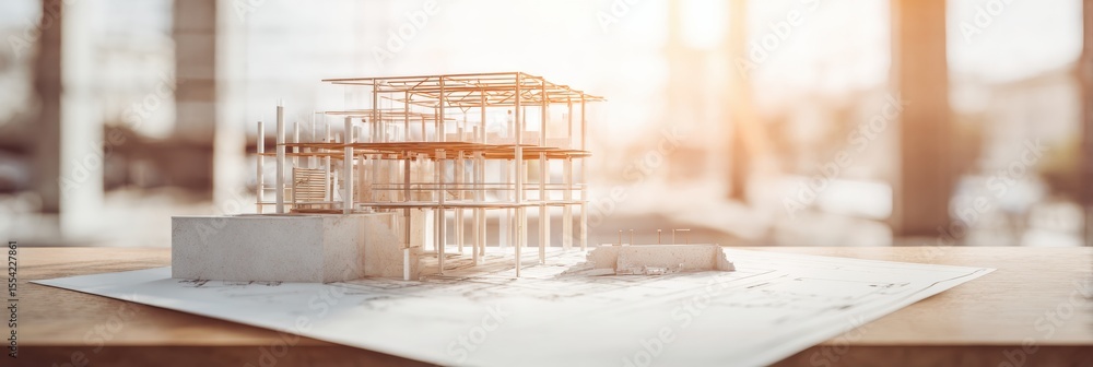 Poster industrial steel frame structural integrity model with technical drawings for engineering and archit