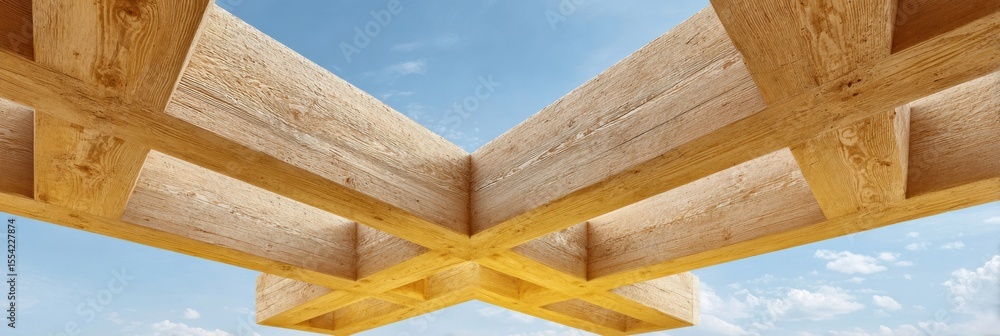 Poster Detailed closeup of intersecting wooden beams in unfinished construction framework showcasing precise joinery and craftsmanship for architecture and woodworking promotion