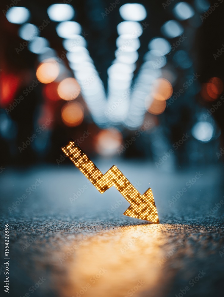 Poster dramatic led stock ticker downward arrow on blurred financial data background representing economic 