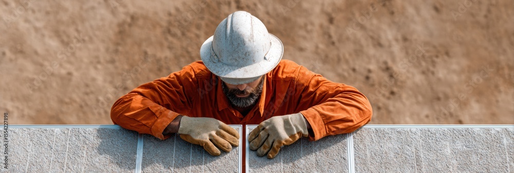 Poster Solar Energy Technician Installing and Measuring Panels on Ground Array with Tools, Showcasing Sustainable Infrastructure Growth and Clean Power Solutions