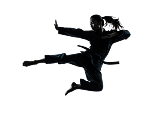 Female martial artist performing dynamic flying kick in silhouette demonstrating karate or taekwondo technique on transparent background