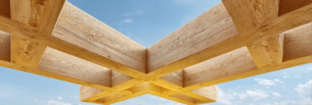 Detailed closeup of intersecting wooden beams in unfinished construction framework showcasing precise joinery and craftsmanship for architecture and woodworking promotion