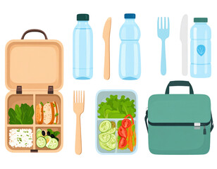 Zero waste lunch kit with reusable containers, water bottles, bamboo utensils and eco-friendly bag on transparent background