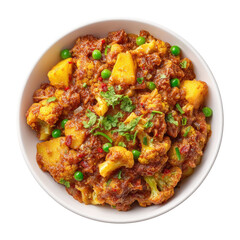 Fototapeta premium Spicy Vegetable Curry with Cauliflower, Potatoes, Peas, and Fresh Herbs in White Bowl on Plain Background