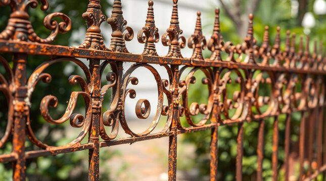 Old ornate wrought iron fence with a rusty vintage gate detail.
