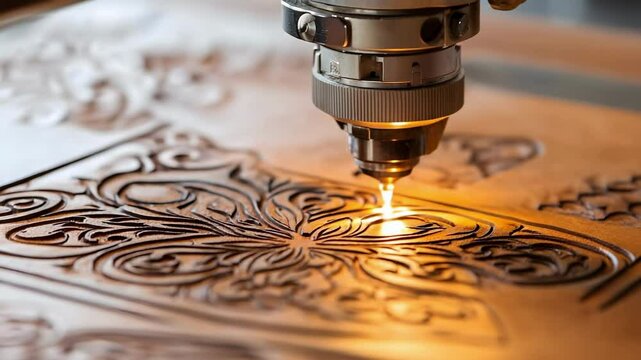 A close-up of a laser engraving machine creating intricate designs on a leather surface.