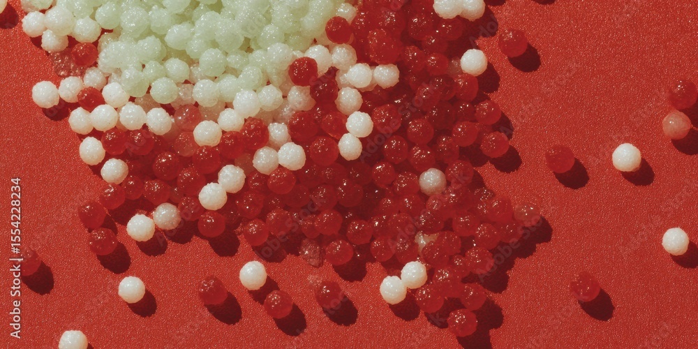 Poster close-up of scattered silica gel beads cluster on red background representing precision and purity f