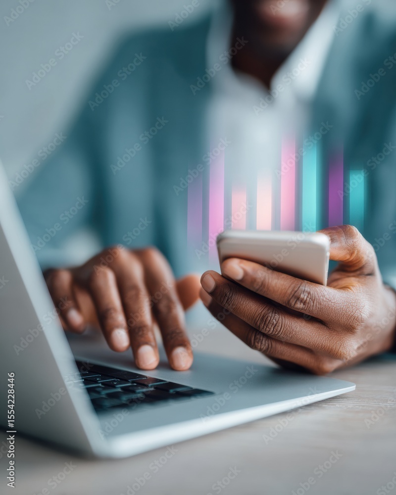 Poster businessman using mobile phone and laptop with digital finance interface, virtual wallet access and 