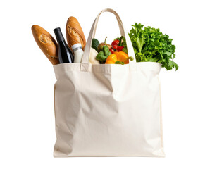 Canvas tote bag filled with fresh groceries and vegetables on transparent background for eco-friendly shopping and sustainable lifestyle concepts.