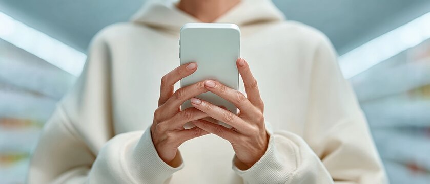 Woman using smartphone barcode scanning app in modern supermarket aisle for smart shopping and price comparison tech-driven consumer empowerment