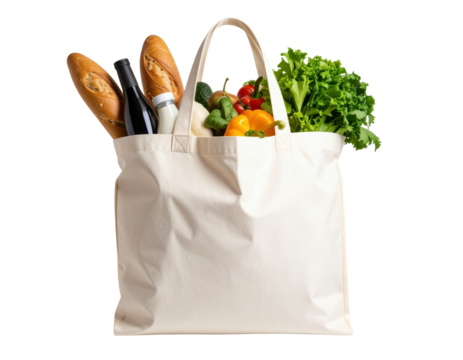 Canvas tote bag filled with fresh groceries and vegetables on transparent background for eco-friendly shopping and sustainable lifestyle concepts.