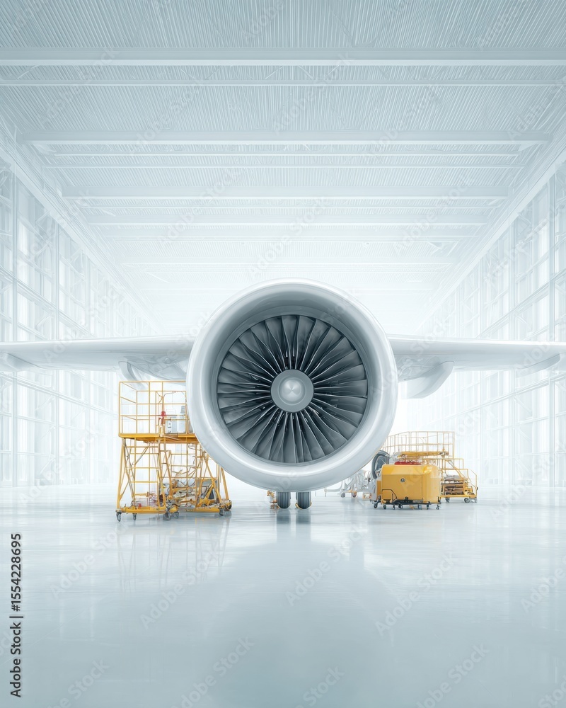 Poster modern aircraft engine maintenance with rotor safety in high-tech hangar showcasing engineering tool