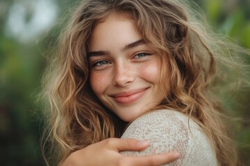 Self-care and self-esteem concept: Happy young woman hugging herself, celebrating self-love., Generative AI