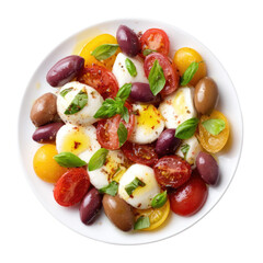 Fresh Tomato Salad with Mozzarella Balls and Olive Medley Garnished with Basil Leaves