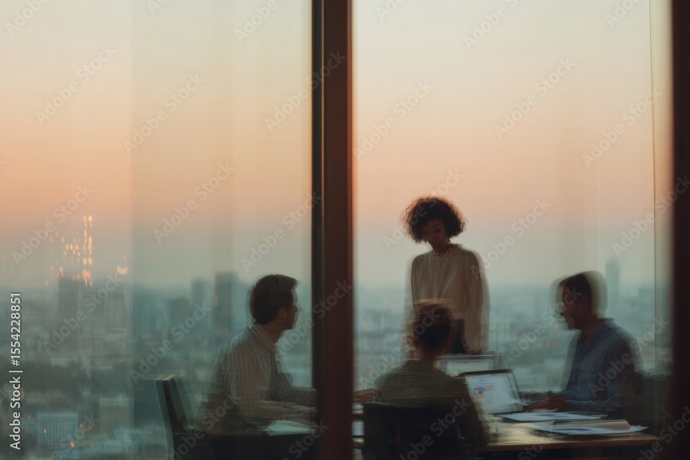 Poster collaborative business partners analyzing budget data at sunset in modern office with cityscape view