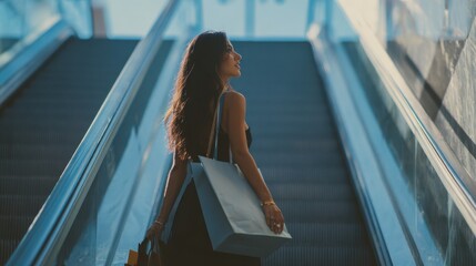 Woman with shopping bags on an escalator