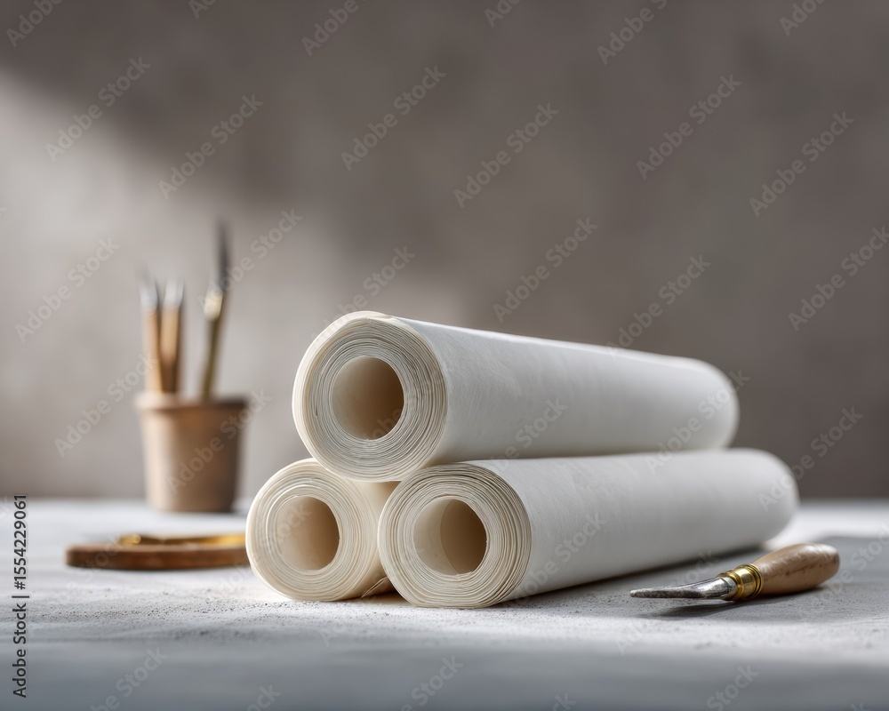 Poster modern architectural blueprint rolls on desk with drafting tools and neutral textures for profession