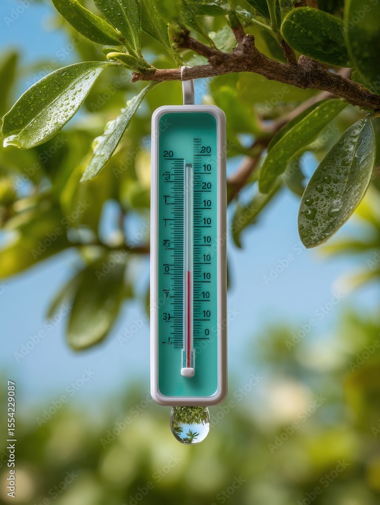 Poster modern rain gauge and thermometer hanging in green garden setting for smart climate monitoring and e