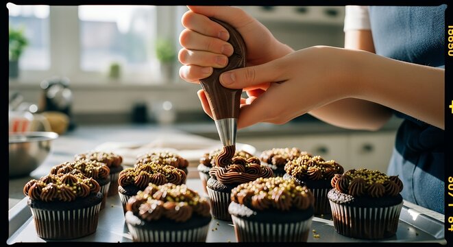 Hands decorating chocolate cupcakes with frosting from a piping bag in a bright kitchen setting.