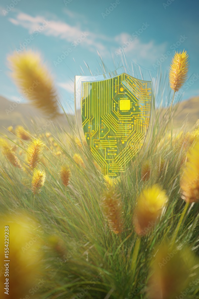Poster quantum cybersecurity shield with digital circuit design in natural grass landscape - future tech pr