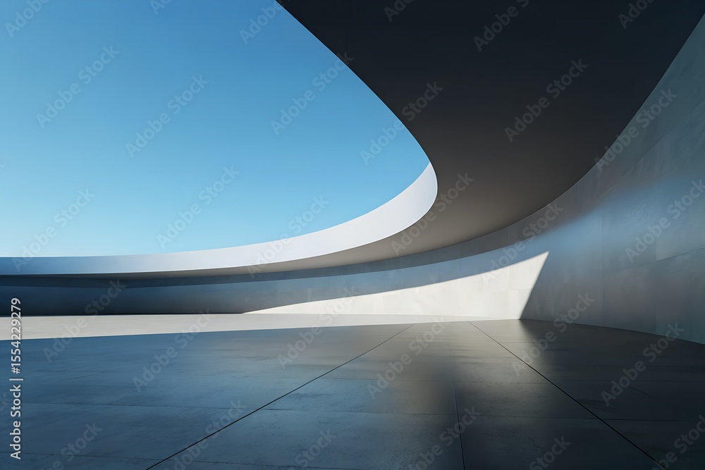 Poster 3d render of abstract curved structure with empty concrete floor in futuristic architectural design