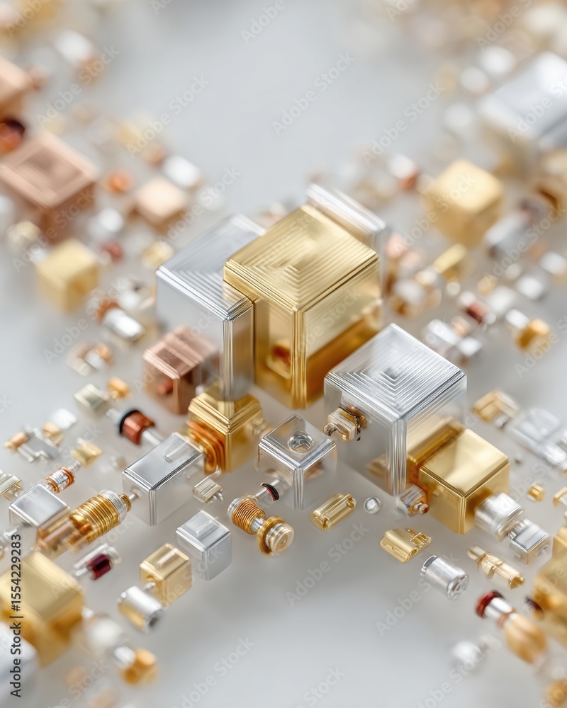 Aufkleber Quantum hardware assembly with gold and silver processor chip in geometric pattern, symbolizing cutting-edge digital computing and premium tech innovation