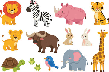 Cartoon wild animals group, colorful jungle illustration, cute zoo characters set, educational vector design, children’s nature drawing, wildlife collection art