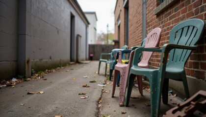Fototapeta premium Colorful plastic chairs line a quiet alleyway inviting moments of reflection and conversation at dusk