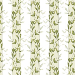 Hand-Drawn Seamless Green Leaf Vertical Stripe Pattern Illustration