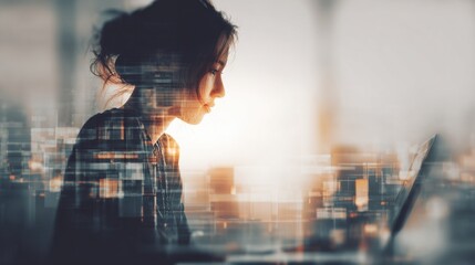 Woman working on a laptop double exposed with a cityscape