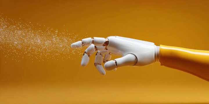 Futuristic robotic hand interacting with quantum computing interface and encrypted data streams for business innovation and digital security