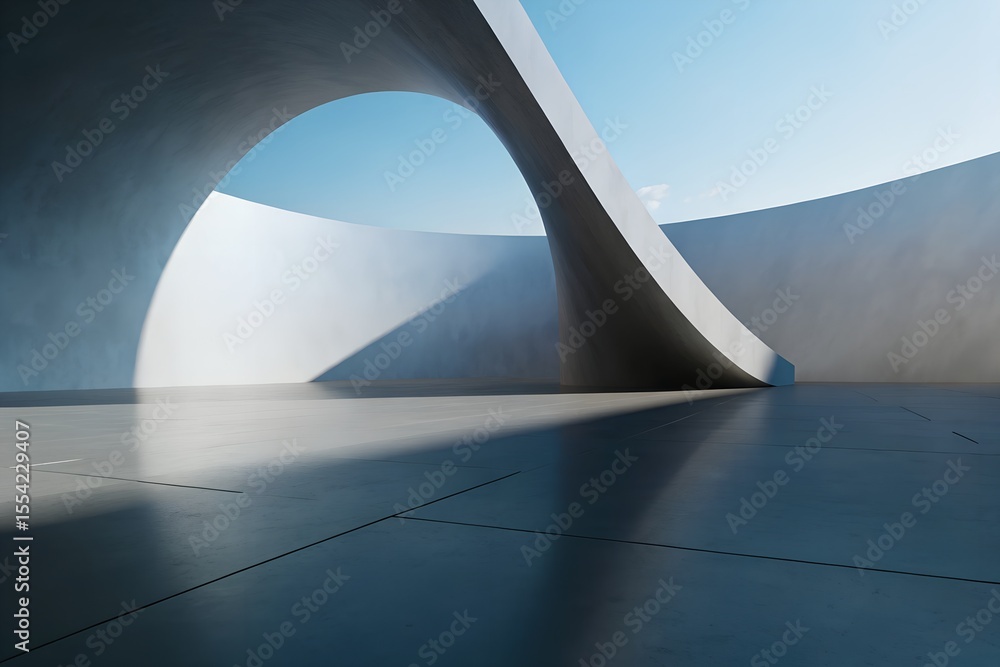 Poster 3D Render of Abstract Curved Structure with Empty Concrete Floor in Futuristic Architectural Design