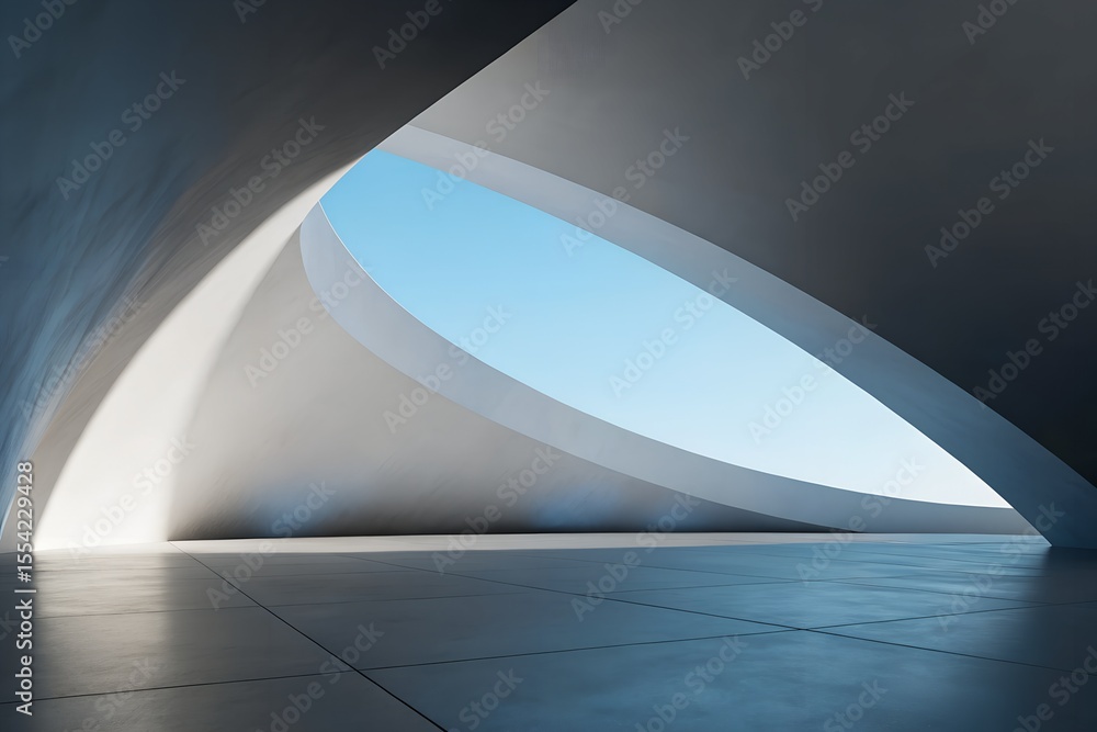 Poster 3d render of abstract curved structure with empty concrete floor in futuristic architectural design