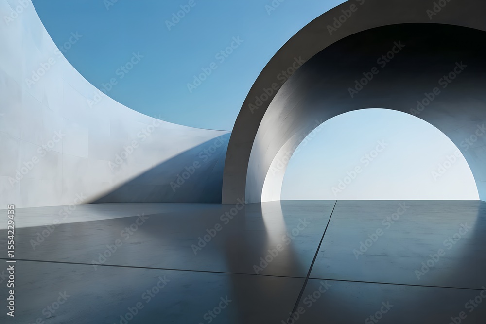 Poster 3d render of abstract curved structure with empty concrete floor in futuristic architectural design