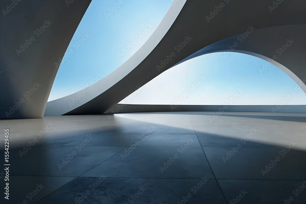 Poster 3D Render of Abstract Curved Structure with Empty Concrete Floor in Futuristic Architectural Design
