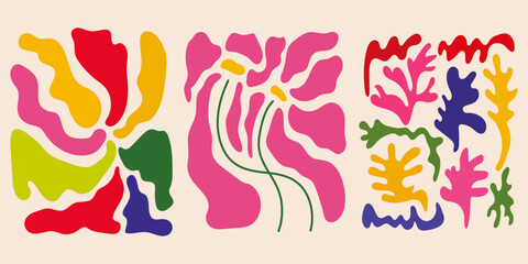 Colorful Matisse-style poster set, flowers, leaves, and abstract shapes