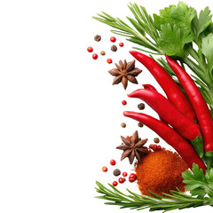 Vibrant Assortment of Fresh Herbs, Spices and Red Chilies on a Bright Background for Culinary Inspiration