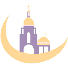 A stylized mosque with a purple dome and yellow crescent, reflecting traditional Islamic architecture with a geometric design and spiritual significance.
