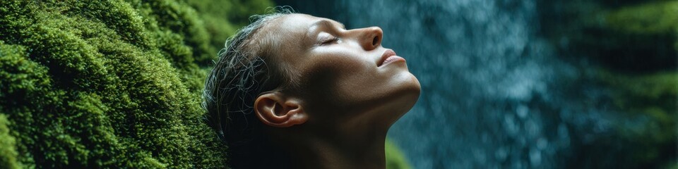 Naklejka premium Young woman practicing pranayama yoga in lush mossy forest by waterfall, promoting natural mindfulness, wellness tourism, and serene outdoor rejuvenation