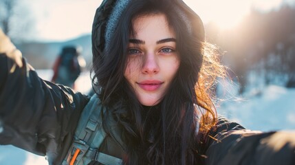 Young woman in a hooded jacket with a backpack in the snow