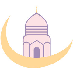  A minimalist design of a mosque with a purple dome and a crescent moon, symbolizing traditional Islamic architecture and spiritual significance.