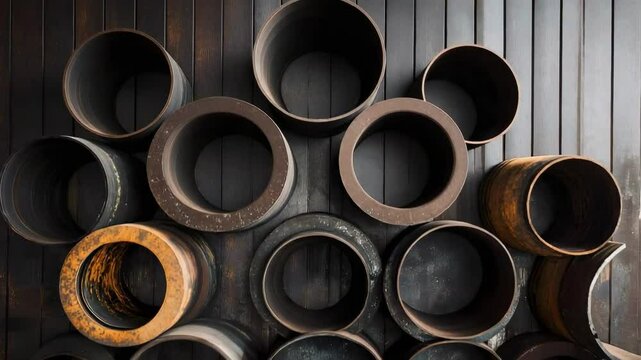 A collection of circular metal pipes arranged in a visually appealing, layered pattern against a dark backdrop.