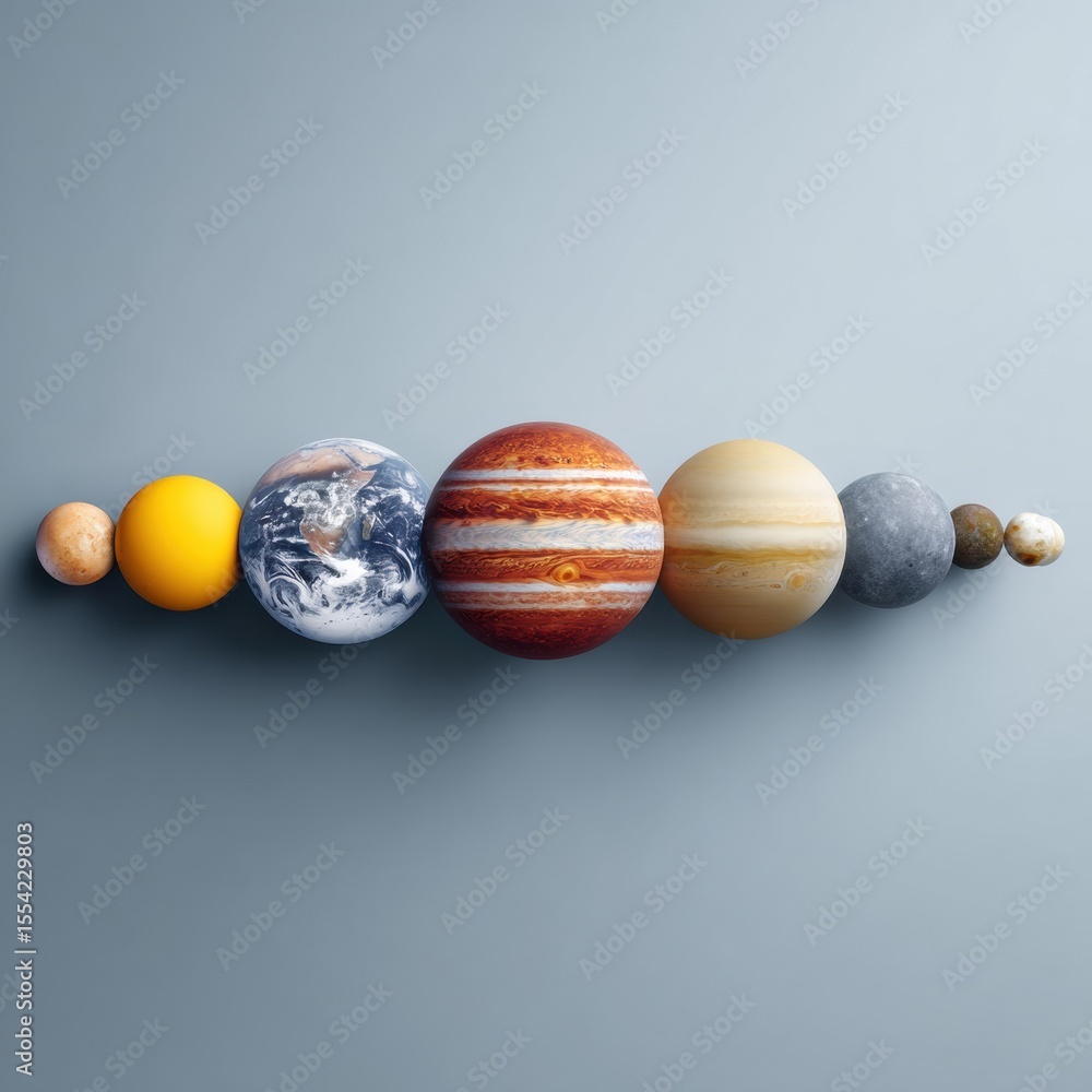 Aufkleber Horizontal Planet Alignment of the Complete Solar System with Detailed Textures and Space Backdrop for Educational and Scientific Publishing
