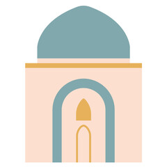 Fototapeta premium 2D illustration of a blue dome Islamic structure with arched doorway, minimal style, suitable for mosque icons or religious design projects.