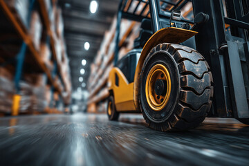 Forklift stands ready in a busy warehouse, a scene that portrays efficiency and hard work, symbolizing distribution.