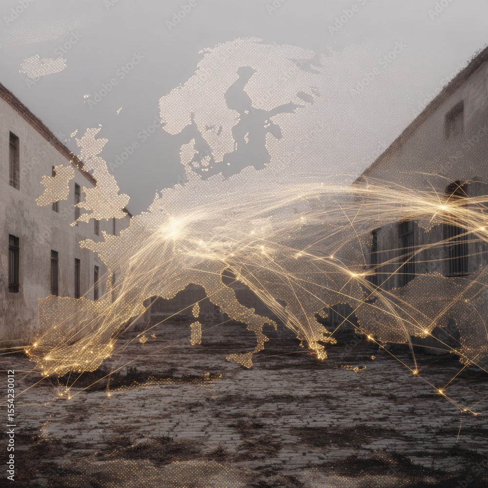 Poster Digital Operations Hub Map of Europe with Glowing Network Connections Symbolizing Advanced Logistics and Efficient Global Distribution Technology